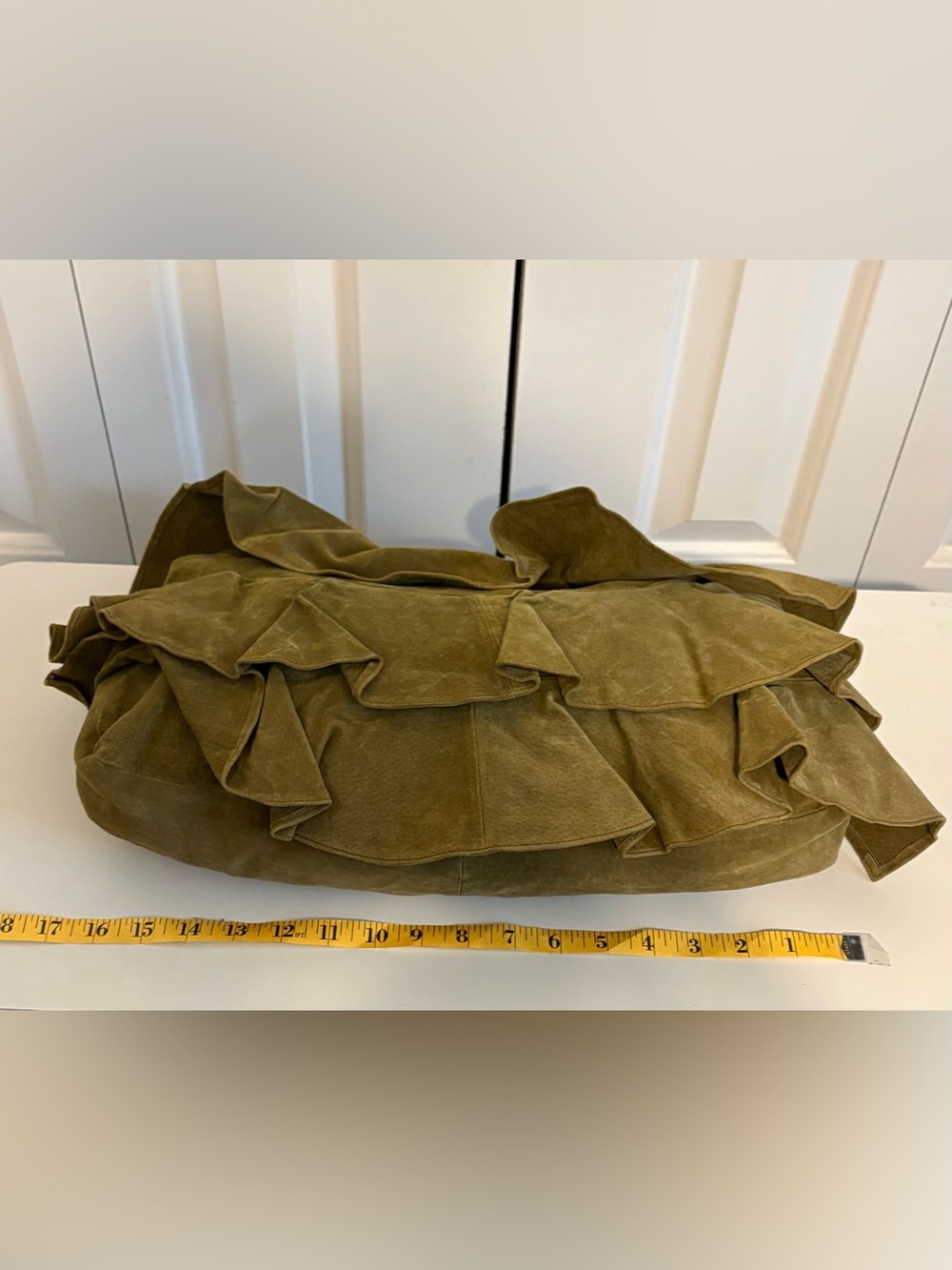 Vintage LIZDEN Olive Green Ruffled Suede Crossbody Shoulder Bag - Picture 2 of 6